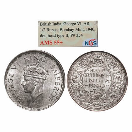 George VI, Half Silver, Half Rupee, 1940, Bombay Mint, A(a)/I, Dot, Head Type II, Milled e