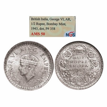 George VI, Half Silver, Half Rupee, 1943, Bombay Mint, B/II, Dot, Head Type II, Security e