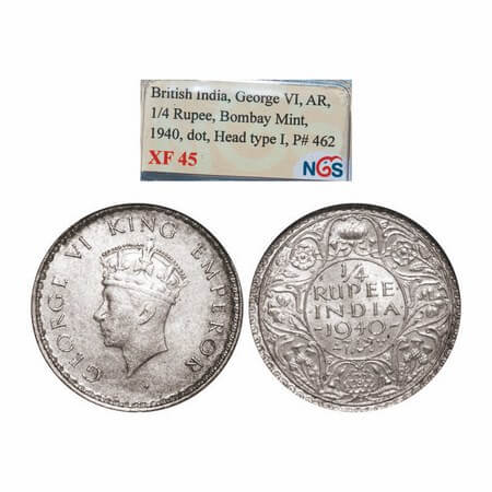 George VI, Half Silver, 1/4 Rupee, 1940, Bombay Mint, Head Type I, Rev I, Dot, Milled edge
