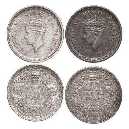 George VI, Half Silver, 1/4 Rupee, 1945, (2 coins), 1) Bombay Mint, Head Type II, Rev II,