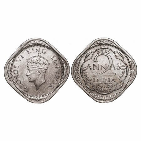 George VI, Copper-Nickel, 2 Annas, 1939, Bombay Mint, Head Type II, Dots by year. GK 1349.