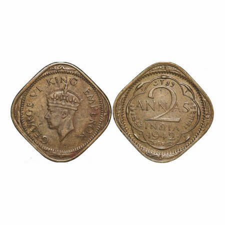 George VI, Nickel-Brass, 2 Annas, 1942, Bombay Mint, Head Type II, Dots by year, Small num