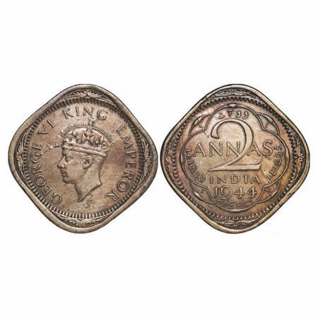 George VI, Nickel-Brass, 2 Annas, 1944, Lahore Mint, Head Type II, No dots by year, 'L' ra