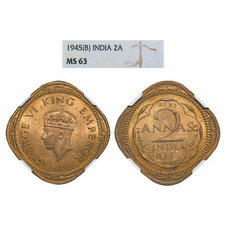 George VI, Nickel-Brass, 2 Annas, 1945, Bombay Mint, Head Type II, Dots by year, Tip of cr