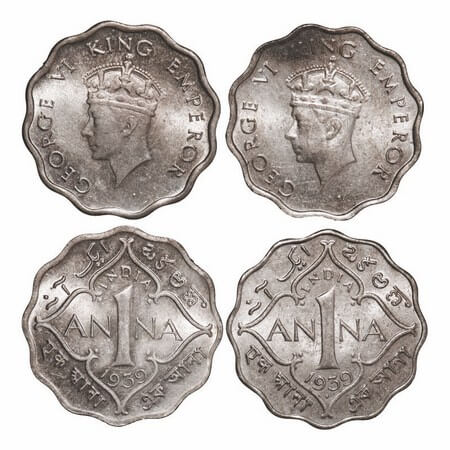 George VI, Copper-Nickel, 1 Anna, (2 coins), 1939, 1) Bombay Mint, Head Type I, Dot, 2) Ca