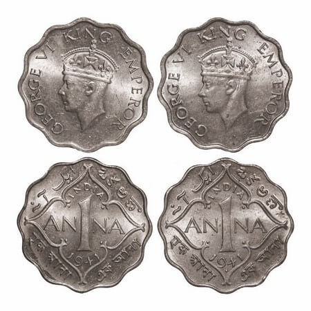 George VI, Copper-Nickel, 1 Anna, (2 coins), 1941, 1) Bombay Mint, Head Type II, Dot, 2) C