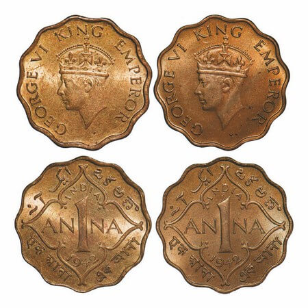 George VI, Nickel-Brass, 1 Anna, 1942, (2 coins), 1) Bombay Mint, Head Type II, Dot, 2) Ca