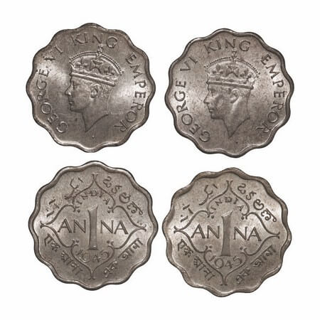 George VI, Nickel-Brass, 1 Anna, (2 coins), 1945, Calcutta Mint, Head Type II, No dot, 1) 