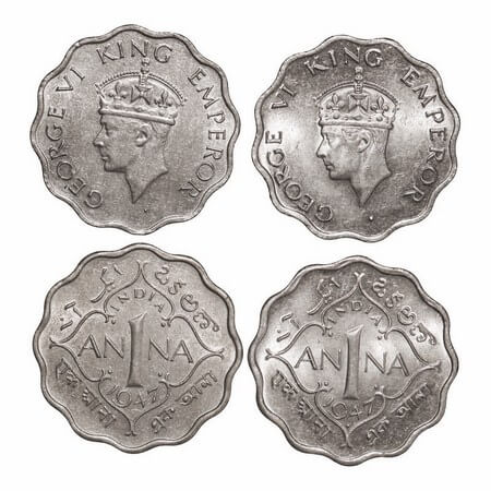 George VI, Copper-Nickel, 1 Anna, (2 coins), 1947, 1) Bombay Mint, Head Type II, Dot, Tip