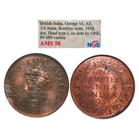 George VI, Bronze, Quarter Anna, 1938, Bombay Mint, head Type I, Dot, Variety: Dots by One