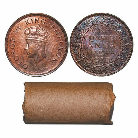 George VI, Bronze, Quarter Anna, 1939, Bombay Mint, Head Type I, Dot, 32 Uncirculated coin