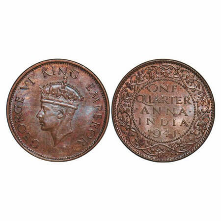 George VI, Bronze, Quarter Anna, 1941, Bombay Mint, Head Type II, Dot, Tiny Diamond shaped