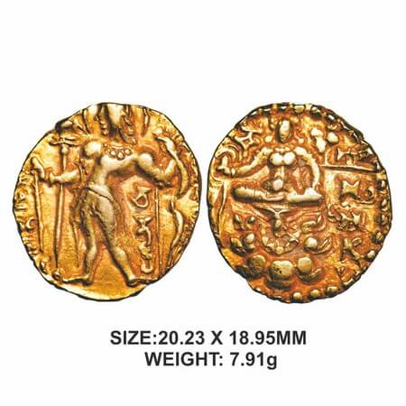 Guptas, Chandragupta II (375-415 AD), Gold Dinar, 7.91g, Archer Type, Obv: King nimbate, s