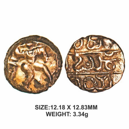 Vijaynagar Kingdom, Bukka I, Gold Pagoda, 3.34g, Obv: Warrior running to right, Rev: Kanna