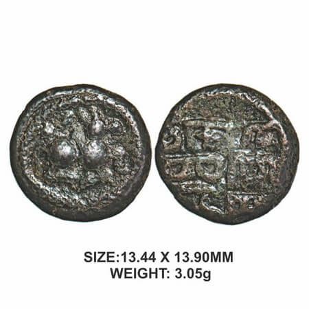 Sambuvarayar Dynasty, 15th century, Copper 3.05g, Obv: Seated bull facing right, Rev: ‘Raj