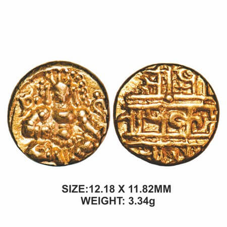 Vijayanagar Empire, Nayakas of Chitradurga, Gold Durgi Pagoda, 3.34g, Obv: Deity seated fa