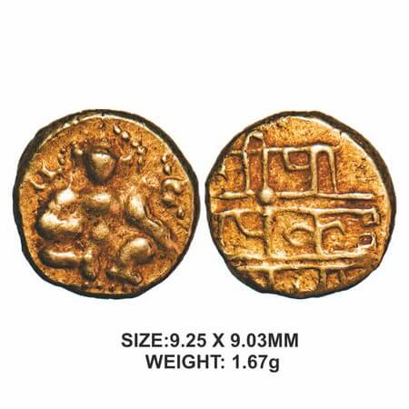 Vijayanagar Empire, Nayakas of Chitradurga, Gold ½ Durgi Pagoda, 1.67g, Obv: Krishna as Ba