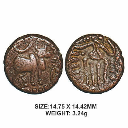 Madurai Nayakas, 15th century, Copper, 3.24g, Obv: Bull facing right with one of its legs 