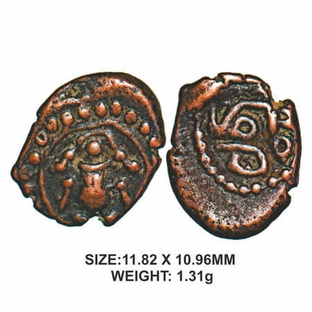 Madurai Naykas, 15th century, Sriranga series, Copper, 1.31g, Obv: Probably a kumbha surro