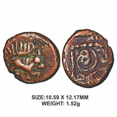 Madurai Nayakas, 16th century, Sri Mangamma series, Copper, 1.52g, Obv: Seated bull facing