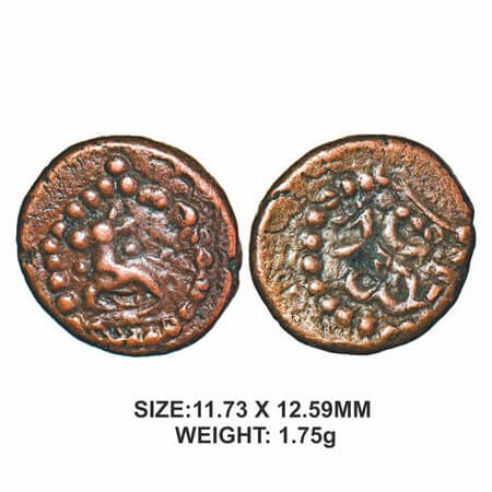 Madurai Nayakas, 16th century, Copper, 1.75g, Obv: bull seated facing left within dotted g