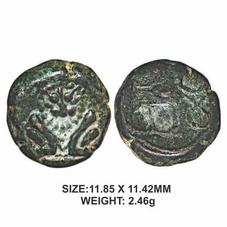 Madurai Nayakas, 16th century, Copper, 2.46g, Sri veera type, Obv: Seated Narashima / lion