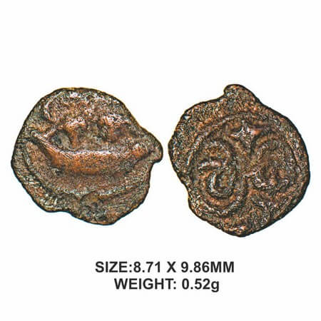 Madurai Nayakas, 16th century, Copper, 0.52g, Sriveera types, Obv: Boat with two seated Fi