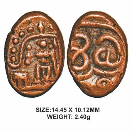 Madurai Nayakas, 16th century, Copper, 2.40g, Obv: standing goddess. Rev: ‘Sri veera’ in T