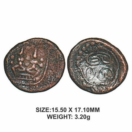 Madurai Nayakas, 16thcentury, Copper, 3.20g, Obv: Two seated Deities (Shiva & Parvati), wi