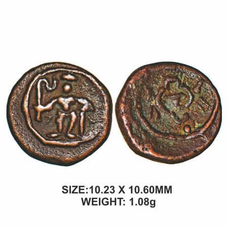 Madurai Nayakas, 16th century, Copper, 1.08g, Obv: Rajagopalasamy with sword and whip in h