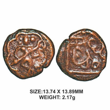 Madurai Nayakas, 17th century, Mangamma series, Copper, 2.17g, Obv: Standing deity with le
