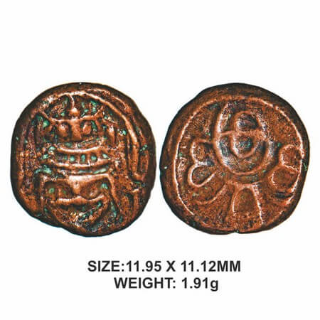 Madurai Nayakas, 17thcentury, Rani Mangamma series, Copper, 1.91g, Obv: seated Narashima, 