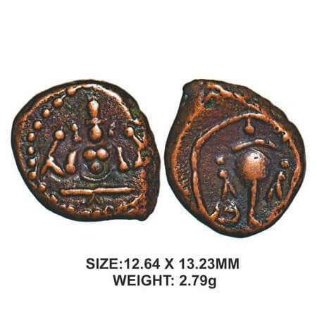 Madurai Nayakas, 17th century, Copper, 2.79g, Obv: Seated Goddess Meenakshi with in dotted