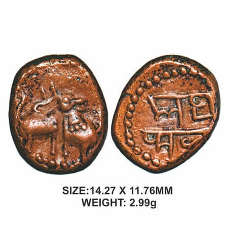 Tanjore Nayakas, Achuthapa (1560-1600 AD), Copper 2.99g, Obv: Bull and elephant jointly as