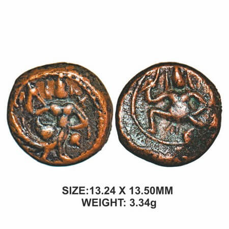 Tanjore Nayakas, 16th century, Copper, 3.34g, Obv: Taragasura Subramaniyar in standing pos