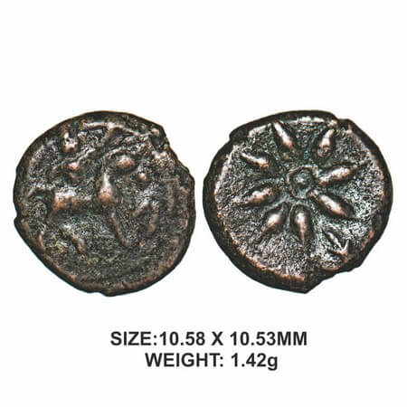 Tanjore Nayakas, 16th century, Copper, 1.42g, Obv: horse facing right with rider above, Re