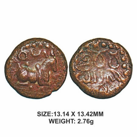 Tanjore Nayakas, 16th century, Copper, 2.76g, Raghunatha, Obv: Seated Bull facing right wi