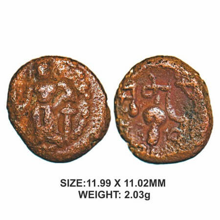 Tanjore Nayakas, 16th century, Copper, 2.03g, King Vijayagahava, Obv: King standing with a