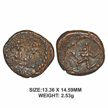 Tanjore Nayakas, 16th century, Copper, 2.53g, Obv: Standing King and Queen/Dieties within 