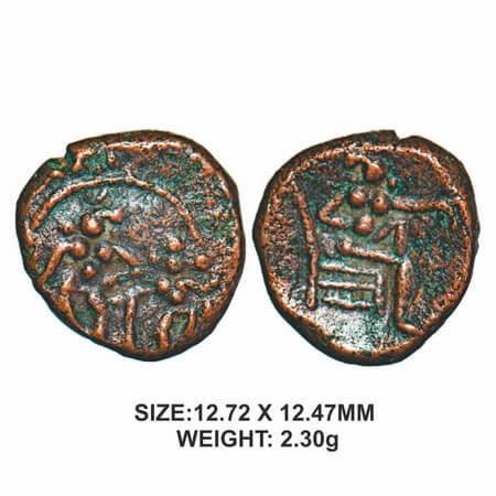 Tanjore Nayakas, 16th century, Copper, 2.30g, Raghunathanaykas, Obv: two Standing deities,