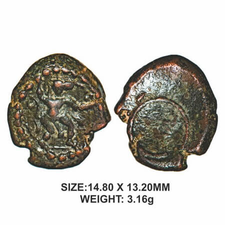 Nayakas Series, 16thcentury, Copper, 3.16g, Obv: Lord Hanuman facing right within dotted c