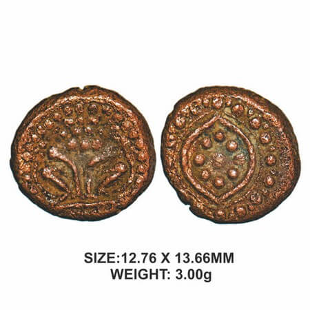Tanjore Nayakas, 16th century, Copper, 3.00g, Obv: Seated Narashimha, Rev: Cluster of dots