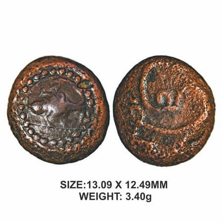 Tanjore Nayakas?, Copper, 3.40g, Anonymous series. Obv: Fish facing left within dotted cir