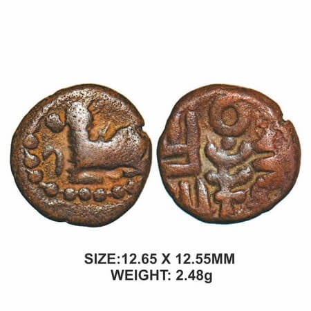 Nayakas of Gingee, 16th century, Copper 2.48g, Rama Raya, Obv: Seated bull facing left wit