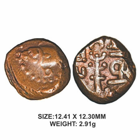 Nayakas of Gingee, 16th century, Copper, 2.91g, Obv: Fish facing left & shanka, Rev: Flowe