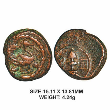 Nayakas of Senji, 16th century, Copper, 4.24g, Obv: Peacock facing right with sun and belo