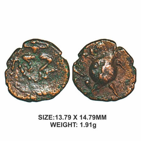 Nayaks of Senji, 16th century, Copper, 1.91g, Obv: Dancing lord Krishna,Rev: Tortoise. Uni