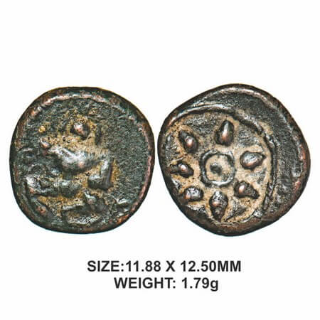 Nayaks of Senji, 16th century, Copper, 1.79g, Obv: Lord Hanuman/Diety in half seated Postu