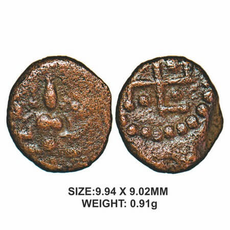 Nayaks of Senji, 16th century, Copper, 0.91g, Obv: Seated Deity, Rev: four dots within ret
