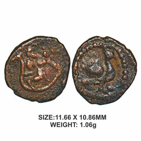 Nayakas of Senji, 16th century, Copper, 1.06g, Obv: Dancing Lord Krishna, Rev: Peacock wit
